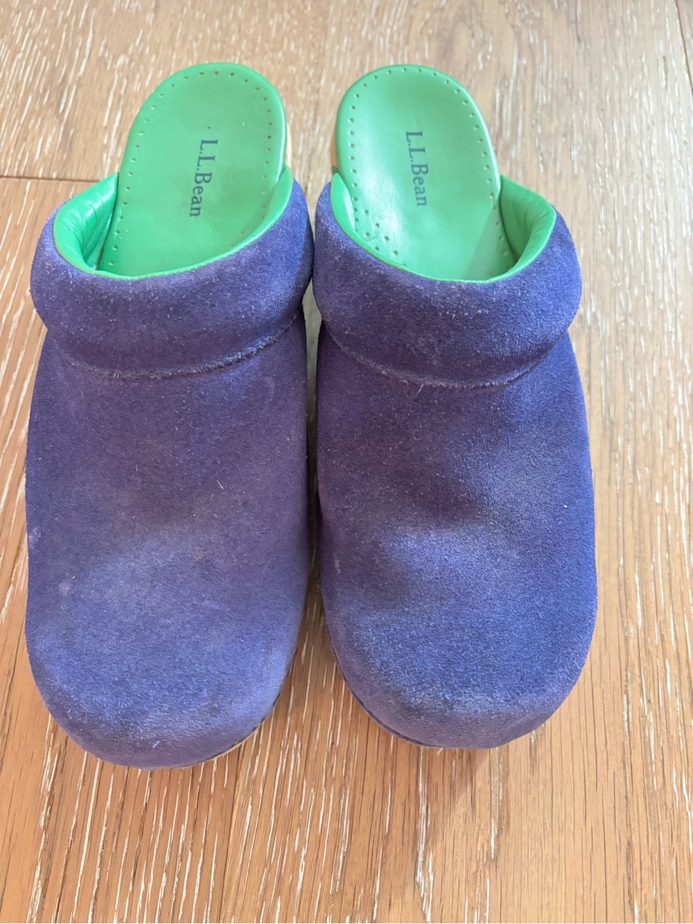L.L. Bean Women’s Blue Suede Slip-On Clogs with Bright Green Insoles